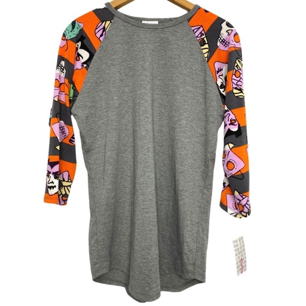 LuLaRoe Halloween Tee Randy 3/4 Sleeve Raglan Top Grey Orange Striped Si…